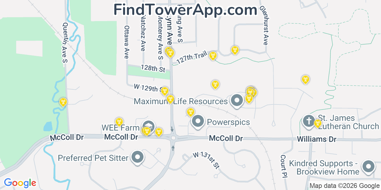 Map showing the 20 primary cell tower locations detected in Savage, Minnesota from AT&T, Verizon, and T-Mobile networks