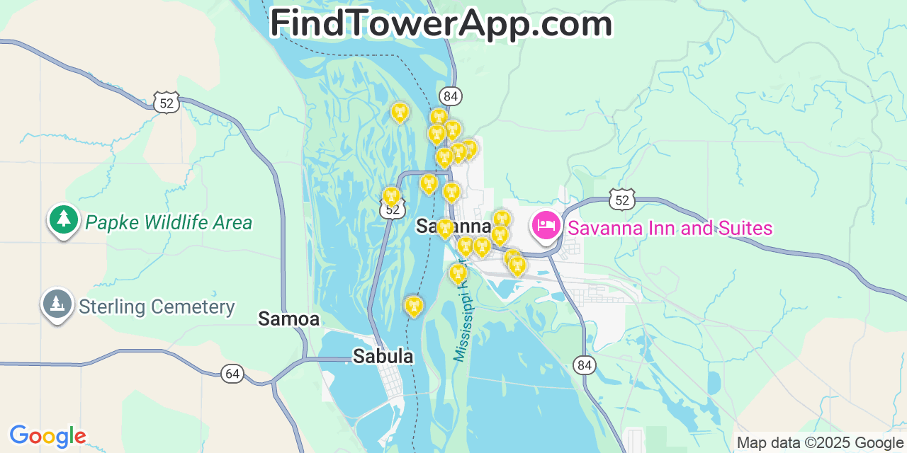 Map showing the 20 primary cell tower locations detected in Savanna, Illinois from AT&T, Verizon, and T-Mobile networks