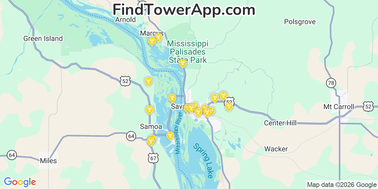 Map showing the 20 primary cell tower locations detected in Savanna, Illinois from AT&T, Verizon, and T-Mobile networks
