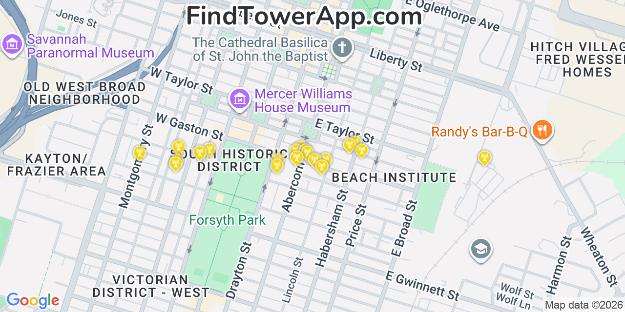 Map showing the 20 primary cell tower locations detected in Savannah, Georgia from AT&T, Verizon, and T-Mobile networks