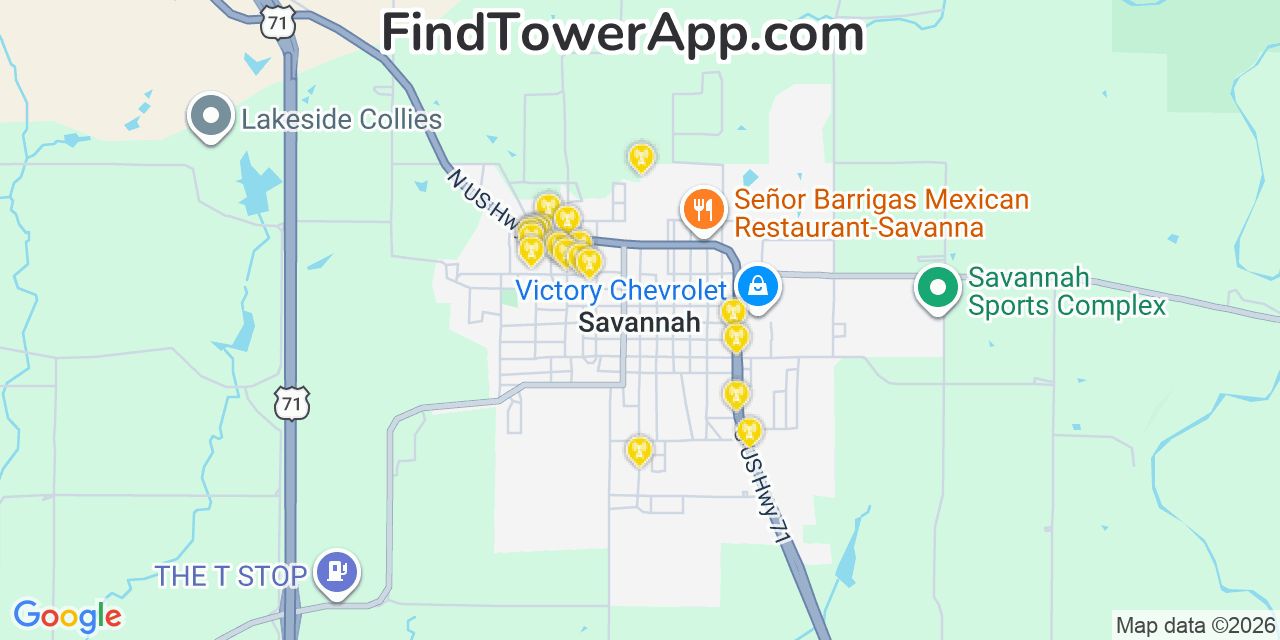 Map showing the 20 primary cell tower locations detected in Savannah, Missouri from AT&T, Verizon, and T-Mobile networks