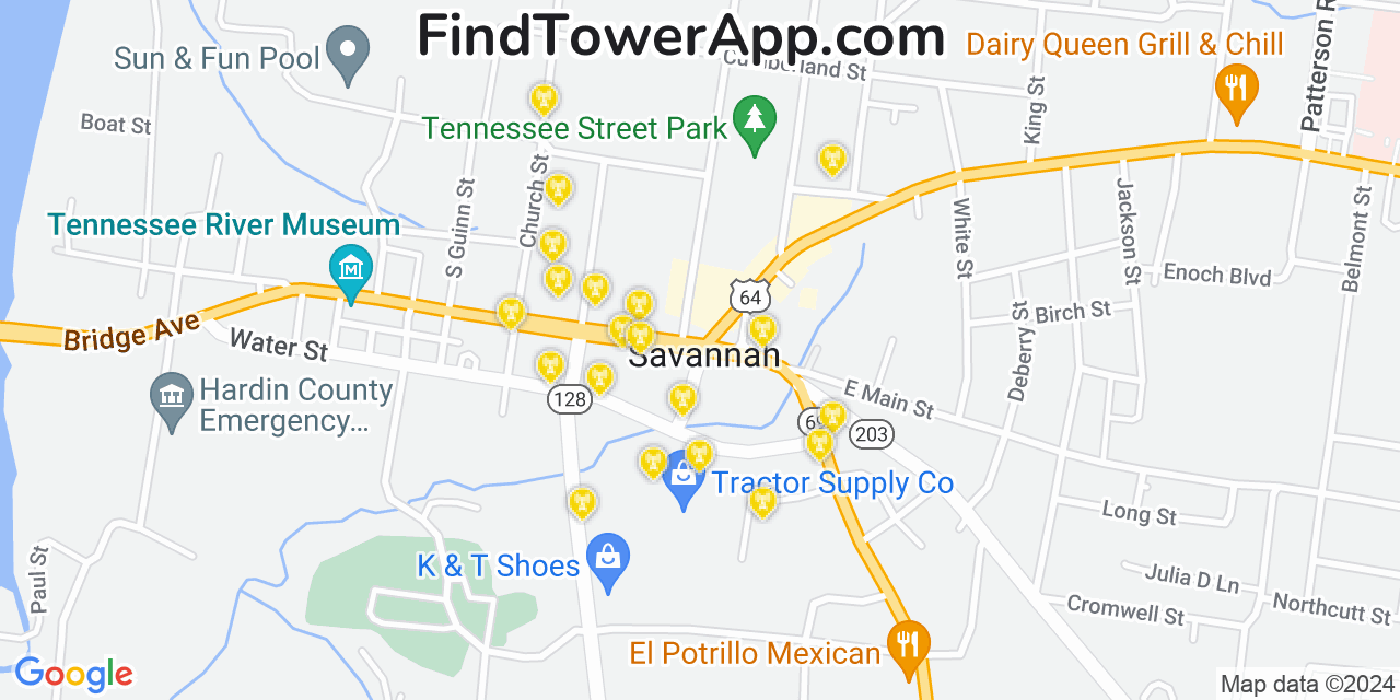 AT&T 4G/5G cell tower coverage map Savannah, Tennessee