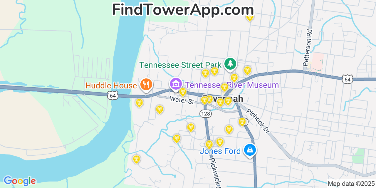 Map showing the 20 primary cell tower locations detected in Savannah, Tennessee from AT&T, Verizon, and T-Mobile networks