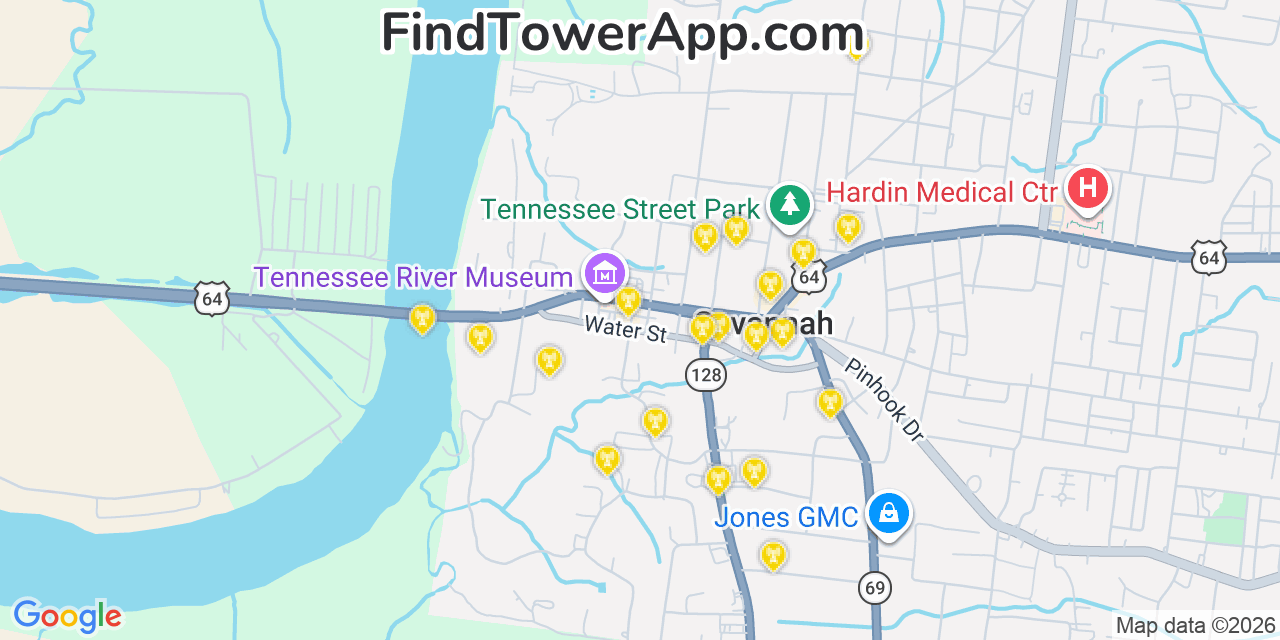 Map showing the 20 primary cell tower locations detected in Savannah, Tennessee from AT&T, Verizon, and T-Mobile networks