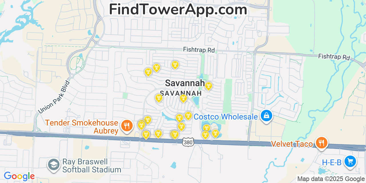 Map showing the 20 primary cell tower locations detected in Savannah, Texas from AT&T, Verizon, and T-Mobile networks
