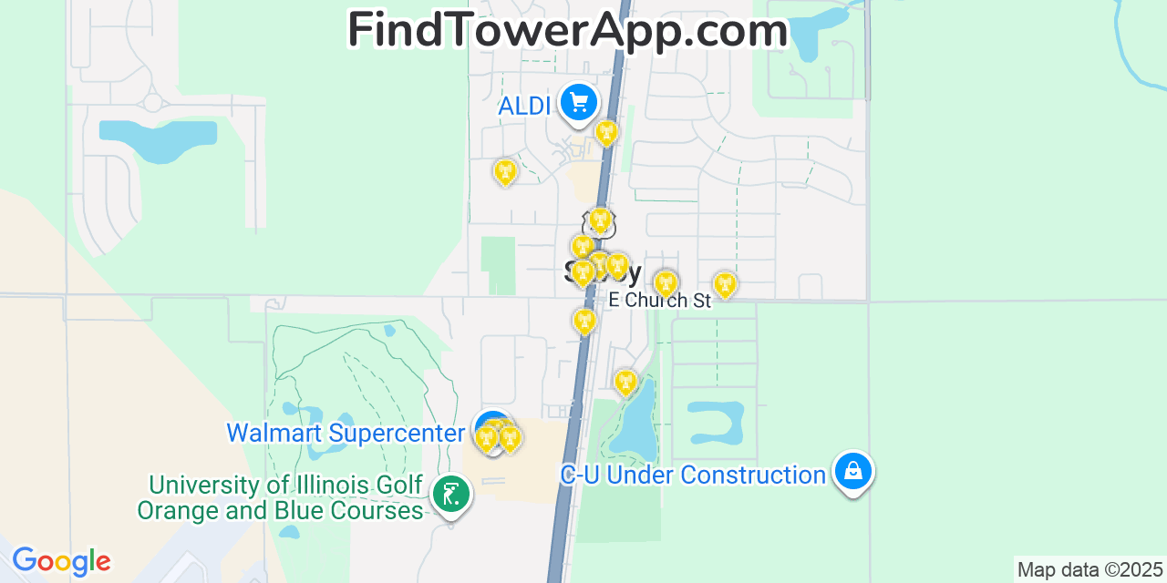 Map showing the 20 primary cell tower locations detected in Savoy, Illinois from AT&T, Verizon, and T-Mobile networks