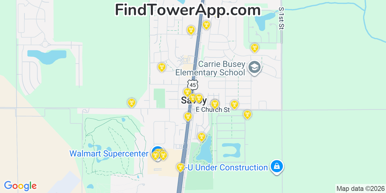 Map showing the 20 primary cell tower locations detected in Savoy, Illinois from AT&T, Verizon, and T-Mobile networks