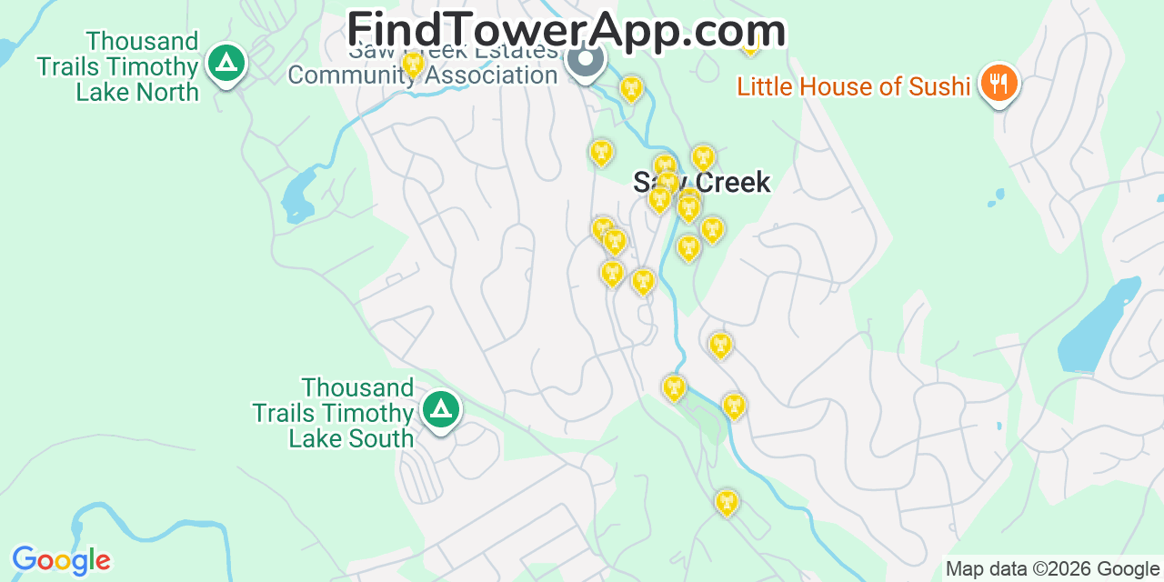 Map showing the 20 primary cell tower locations detected in Saw Creek, Pennsylvania from AT&T, Verizon, and T-Mobile networks