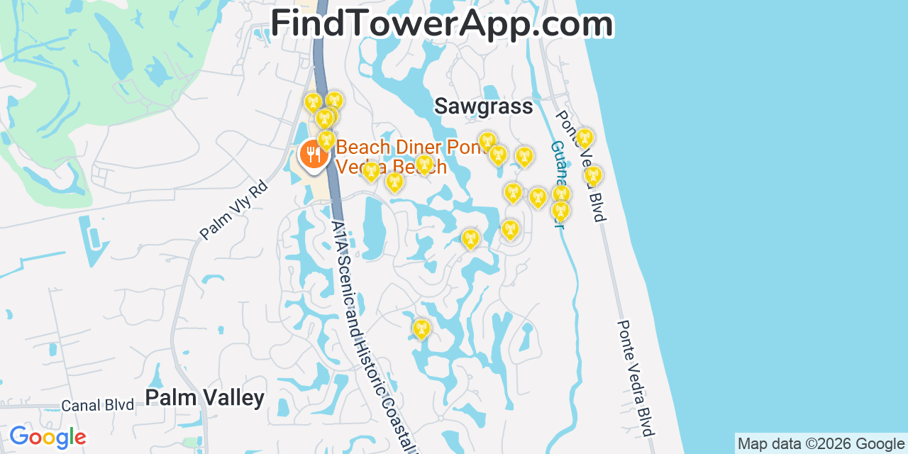 Map showing the 20 primary cell tower locations detected in Sawgrass, Florida from AT&T, Verizon, and T-Mobile networks