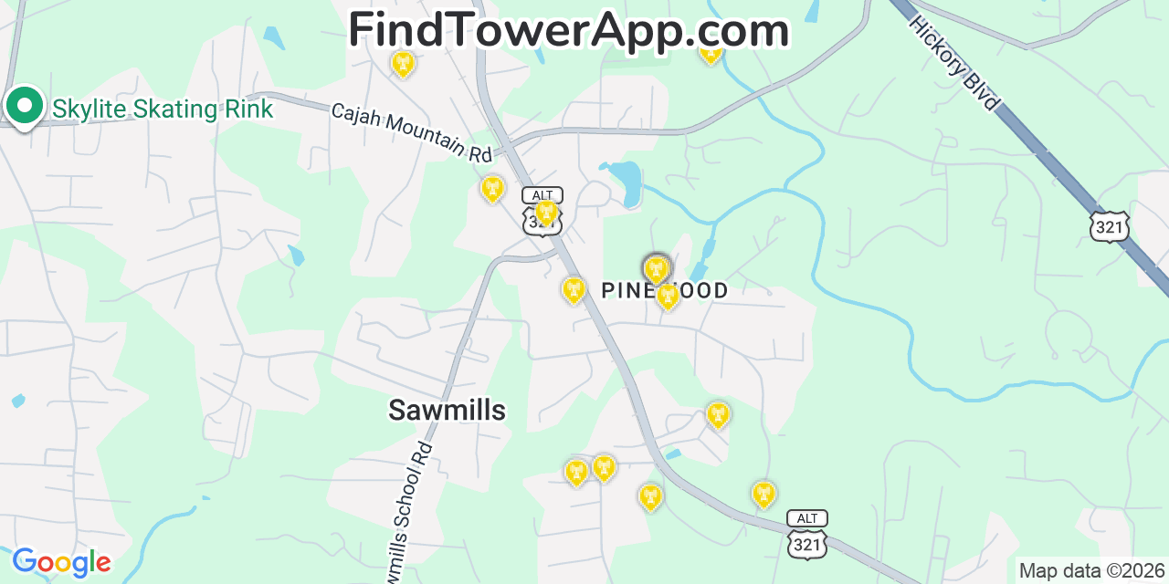 Map showing the 20 primary cell tower locations detected in Sawmills, North Carolina from AT&T, Verizon, and T-Mobile networks