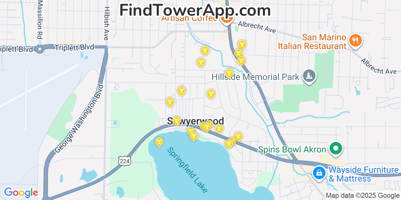 Map showing the 20 primary cell tower locations detected in Sawyerwood, Ohio from AT&T, Verizon, and T-Mobile networks