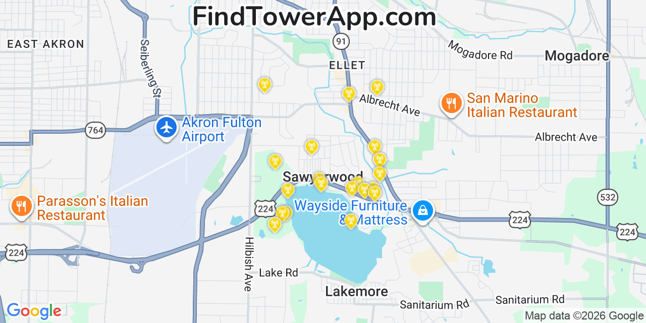 Map showing the 20 primary cell tower locations detected in Sawyerwood, Ohio from AT&T, Verizon, and T-Mobile networks