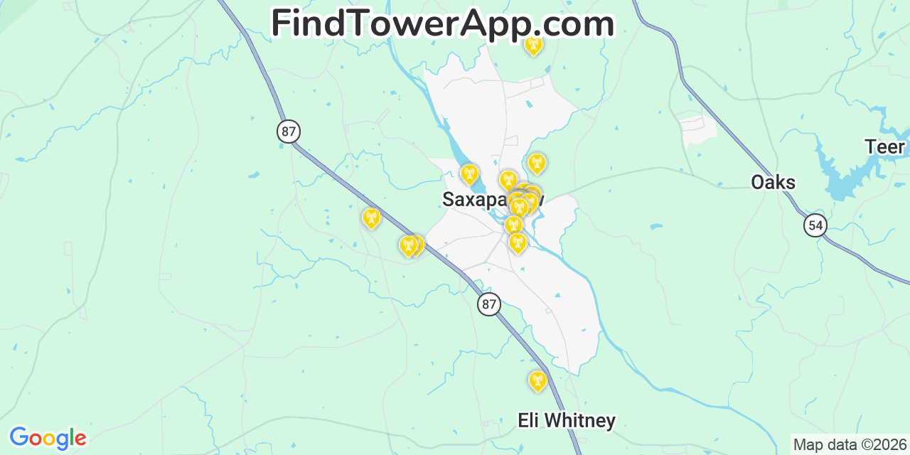 Map showing the 20 primary cell tower locations detected in Saxapahaw, North Carolina from AT&T, Verizon, and T-Mobile networks