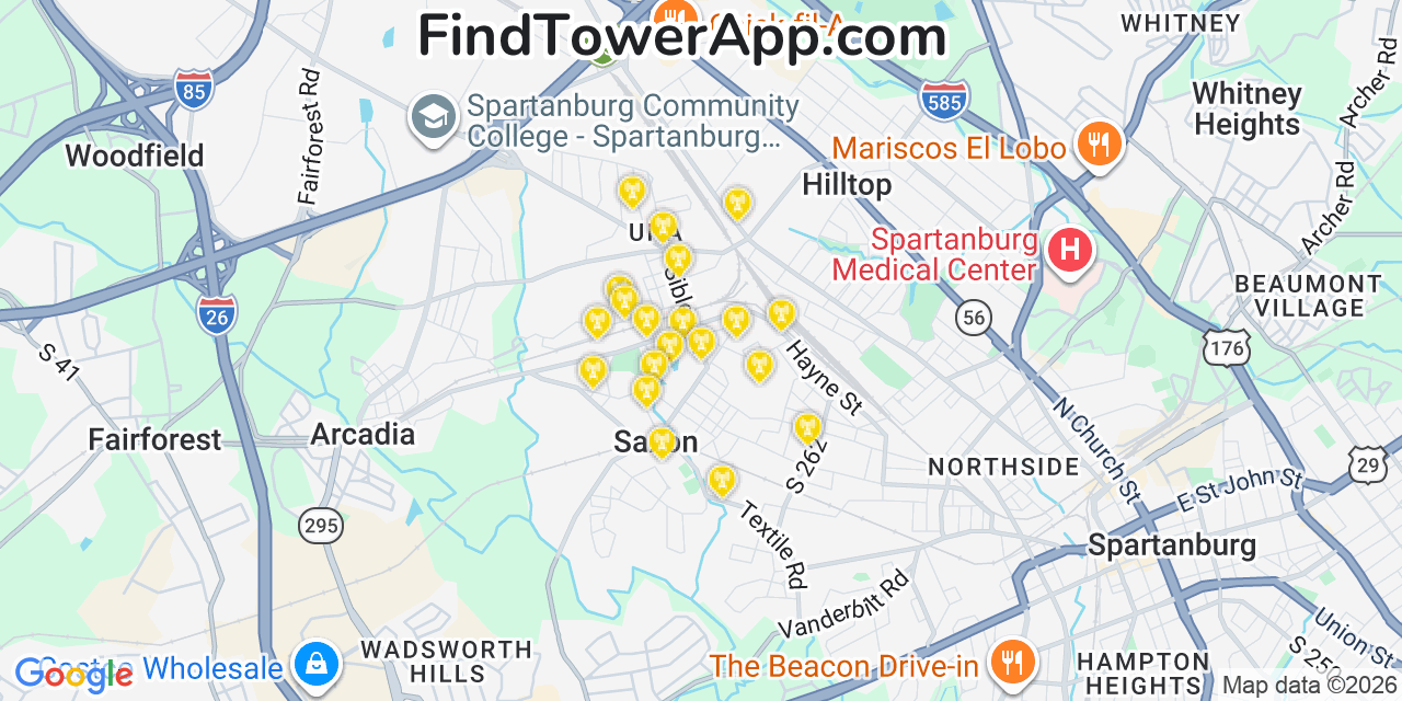 Map showing the 20 primary cell tower locations detected in Saxon, South Carolina from AT&T, Verizon, and T-Mobile networks
