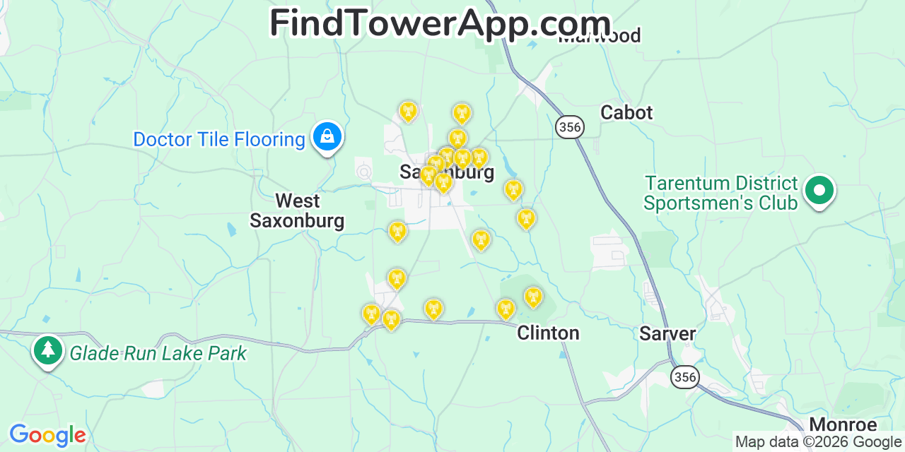 Map showing the 20 primary cell tower locations detected in Saxonburg, Pennsylvania from AT&T, Verizon, and T-Mobile networks