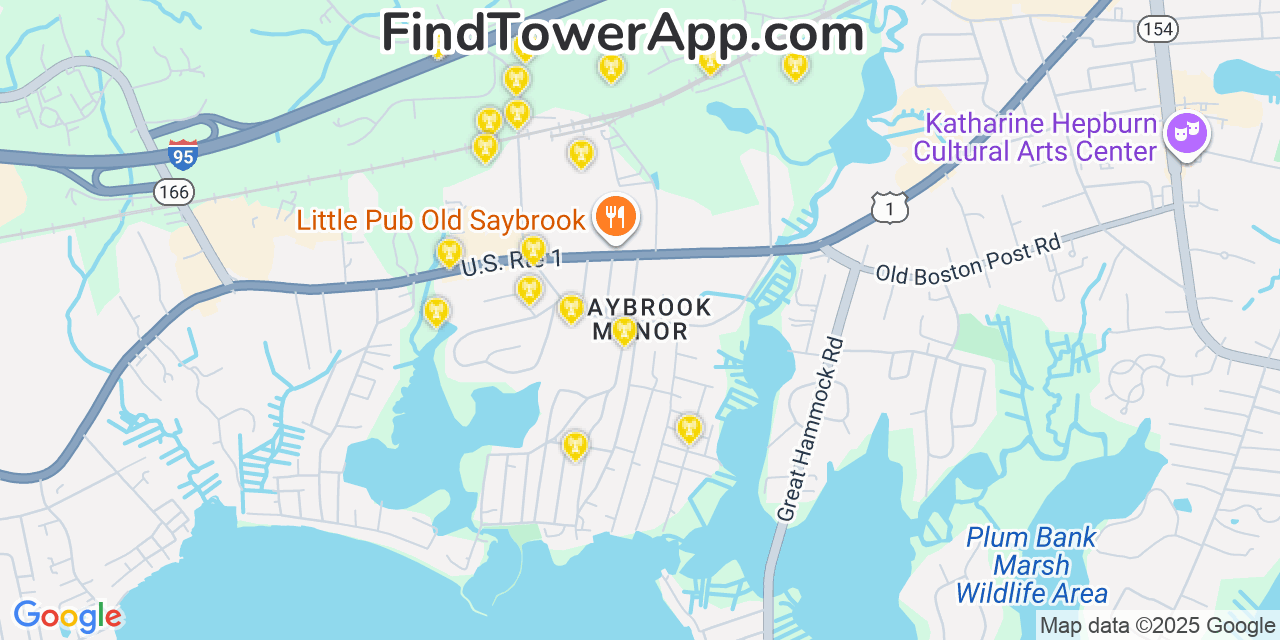 Map showing the 20 primary cell tower locations detected in Saybrook Manor, Connecticut from AT&T, Verizon, and T-Mobile networks