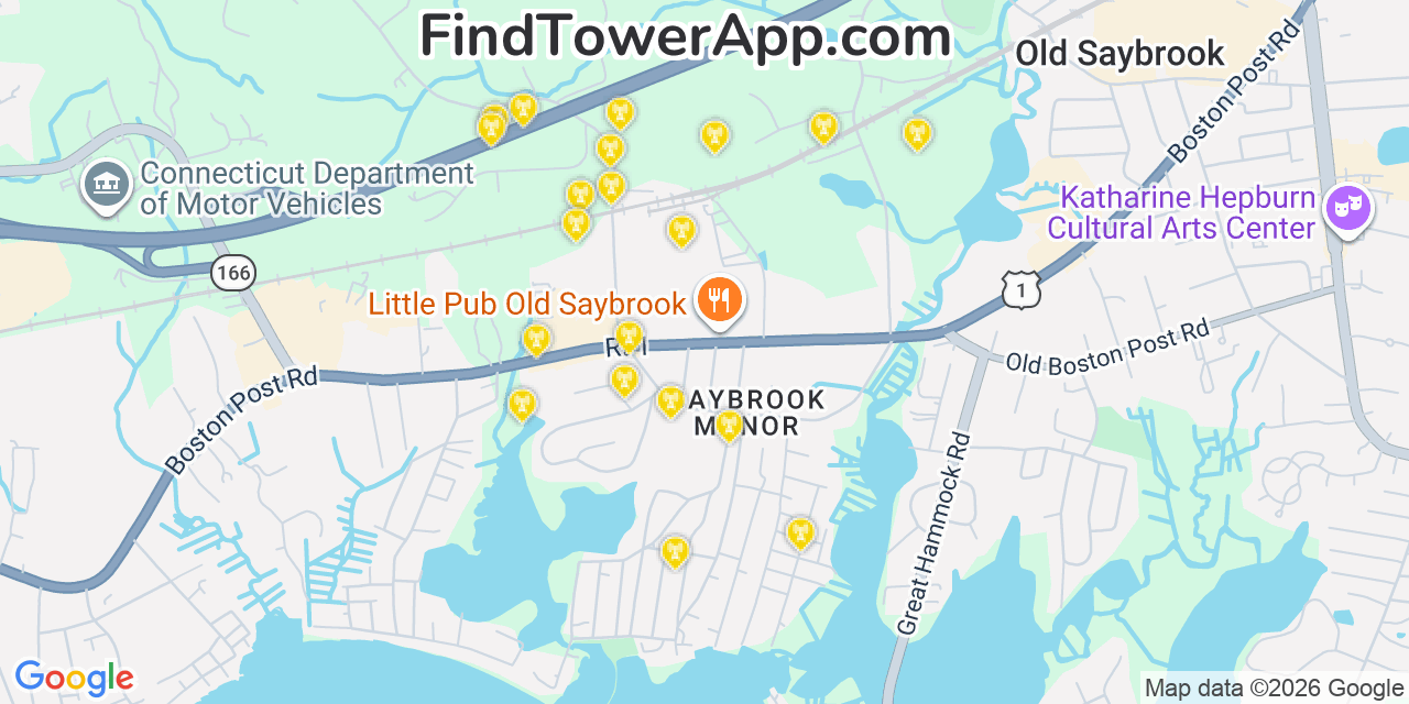 Map showing the 20 primary cell tower locations detected in Saybrook Manor, Connecticut from AT&T, Verizon, and T-Mobile networks