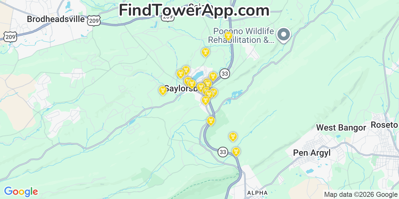 Map showing the 20 primary cell tower locations detected in Saylorsburg, Pennsylvania from AT&T, Verizon, and T-Mobile networks