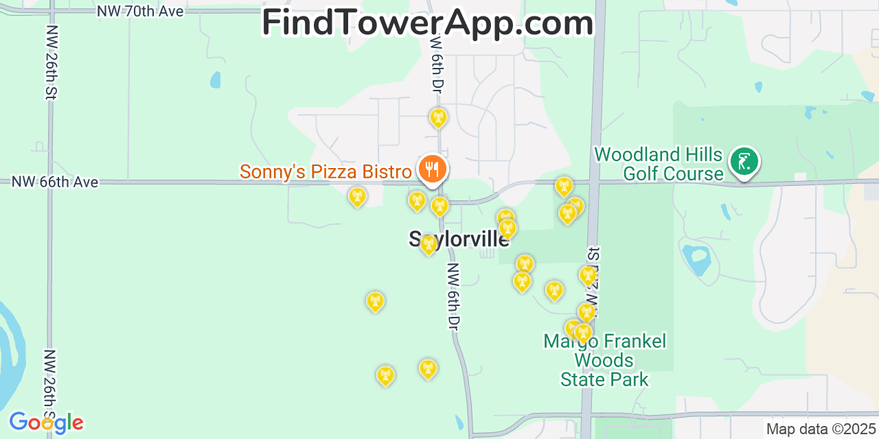 Map showing the 20 primary cell tower locations detected in Saylorville, Iowa from AT&T, Verizon, and T-Mobile networks