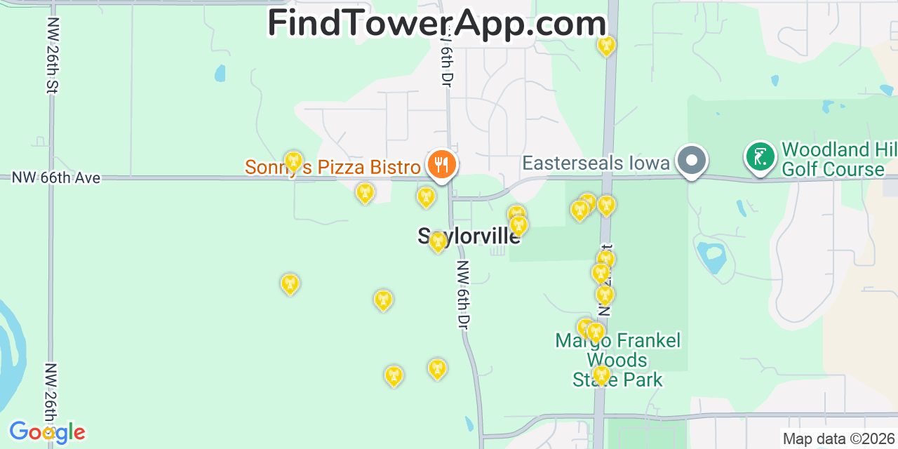 Map showing the 20 primary cell tower locations detected in Saylorville, Iowa from AT&T, Verizon, and T-Mobile networks