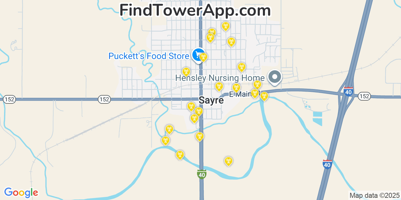 Map showing the 20 primary cell tower locations detected in Sayre, Oklahoma from AT&T, Verizon, and T-Mobile networks