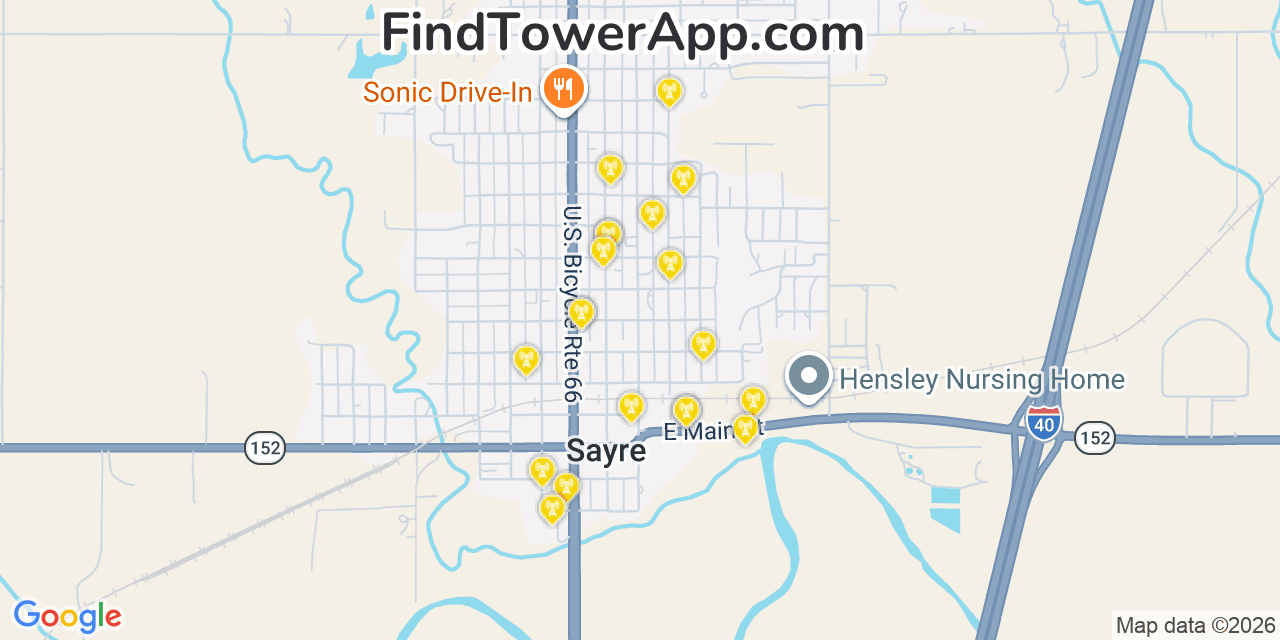 Map showing the 20 primary cell tower locations detected in Sayre, Oklahoma from AT&T, Verizon, and T-Mobile networks