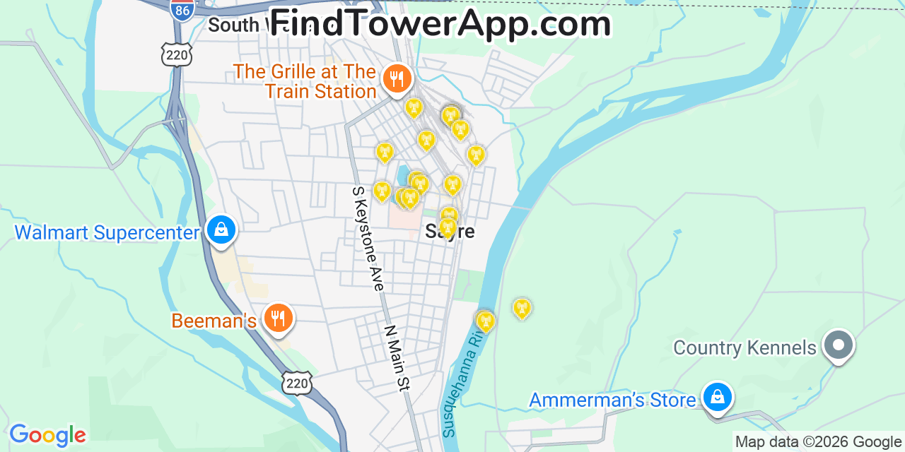 Map showing the 20 primary cell tower locations detected in Sayre, Pennsylvania from AT&T, Verizon, and T-Mobile networks
