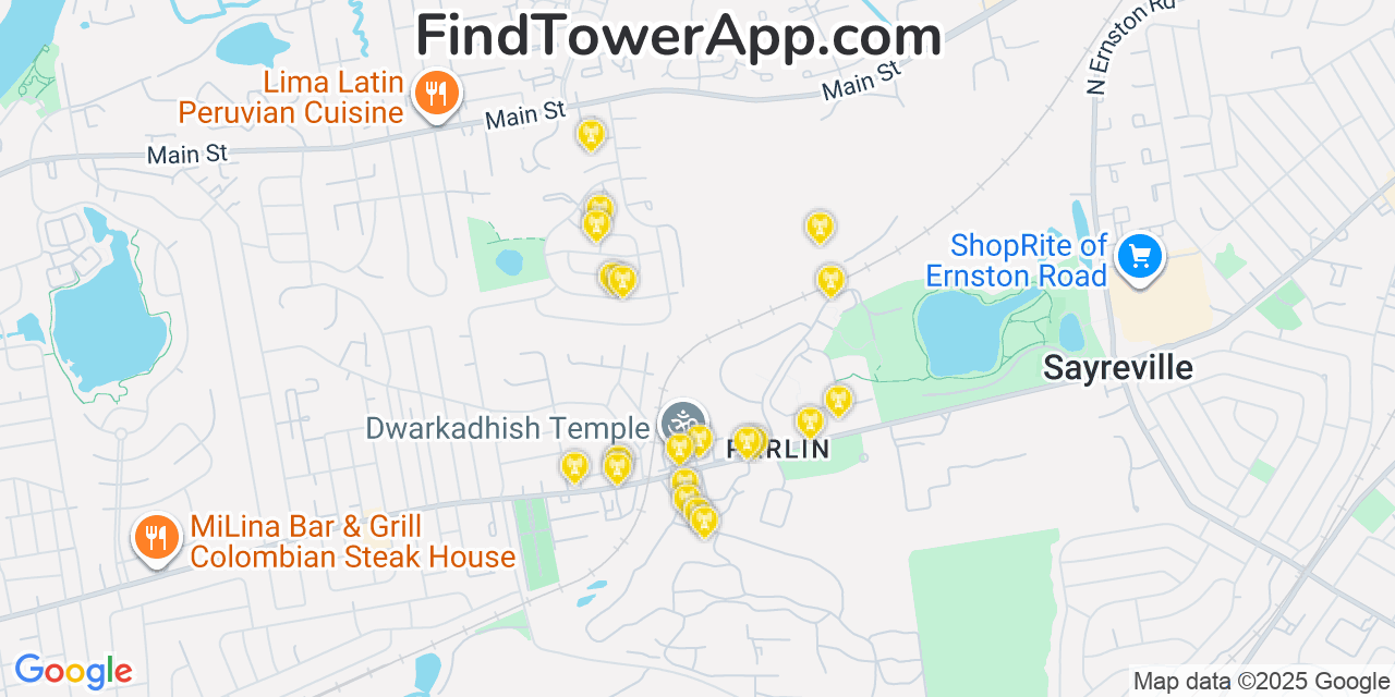 Map showing the 20 primary cell tower locations detected in Sayreville Junction, New Jersey from AT&T, Verizon, and T-Mobile networks