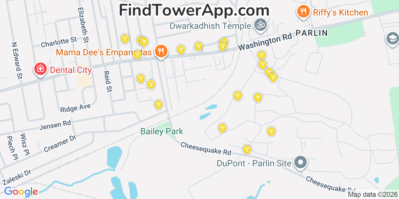 Map showing the 20 primary cell tower locations detected in Sayreville Junction, New Jersey from AT&T, Verizon, and T-Mobile networks