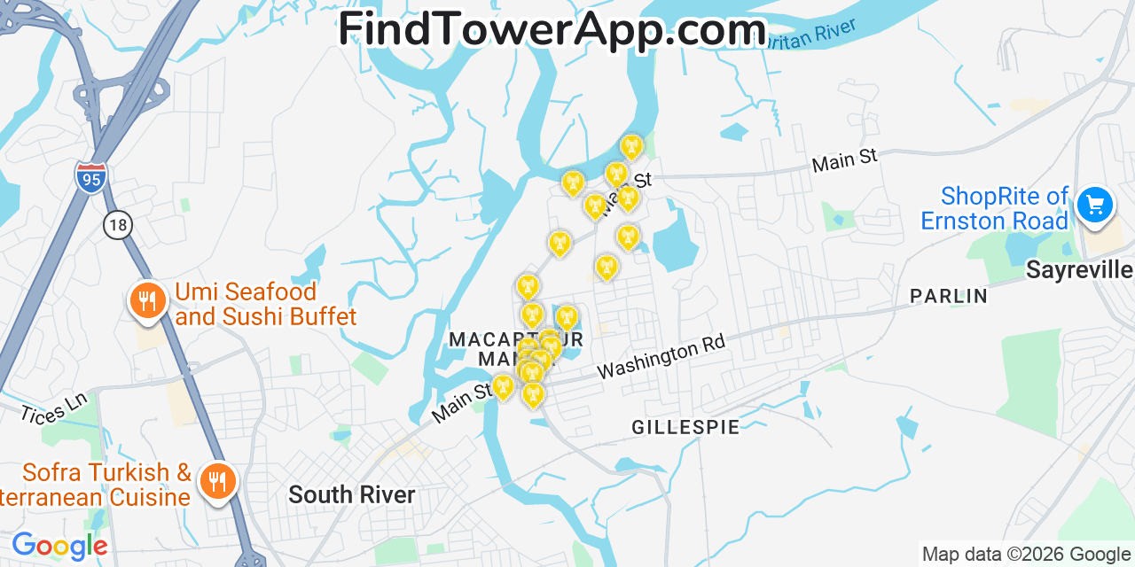 Map showing the 20 primary cell tower locations detected in Sayreville, New Jersey from AT&T, Verizon, and T-Mobile networks
