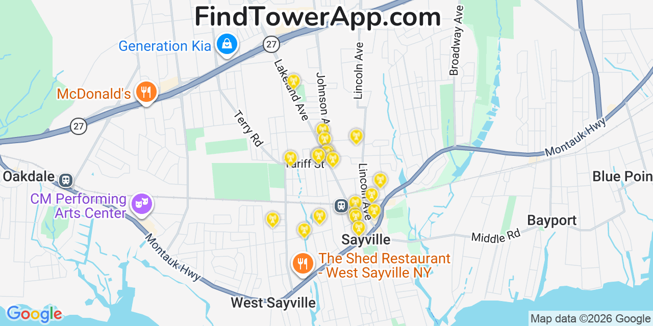 Map showing the 20 primary cell tower locations detected in Sayville, New York from AT&T, Verizon, and T-Mobile networks