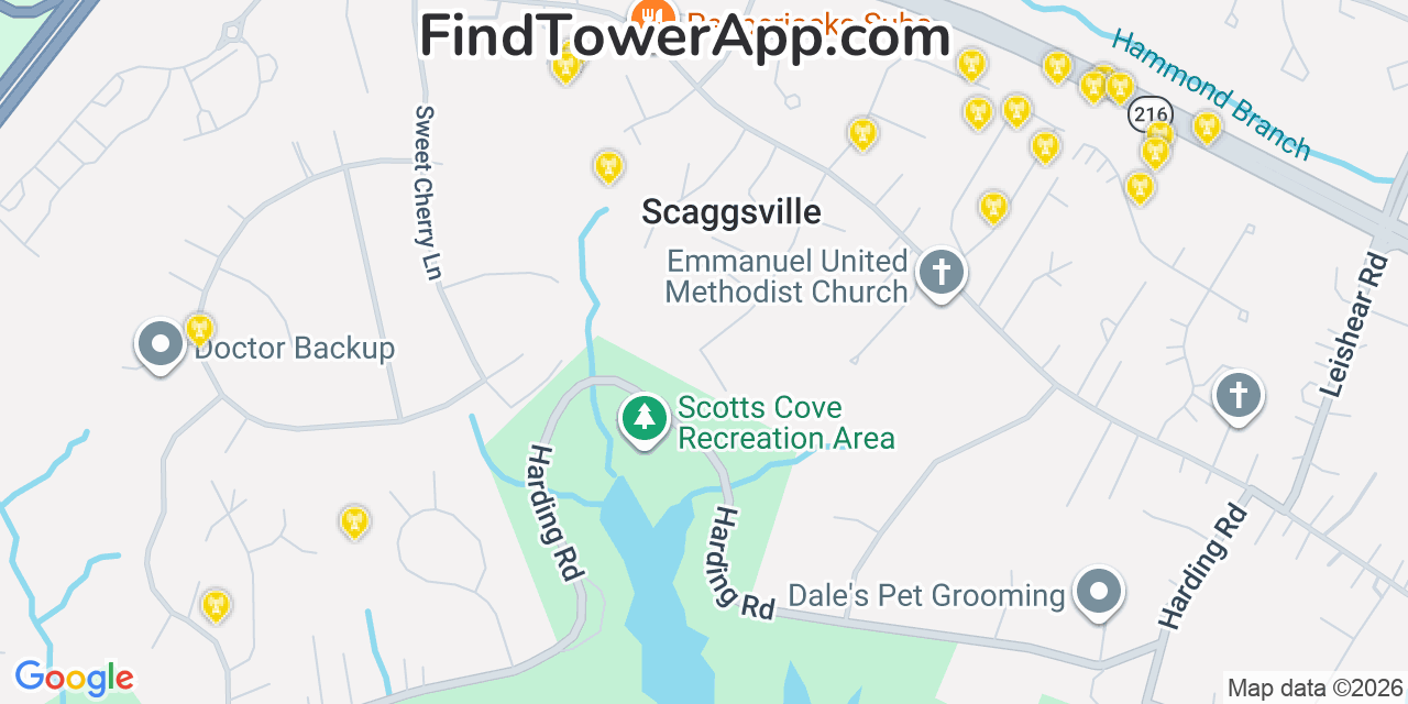 Map showing the 20 primary cell tower locations detected in Scaggsville, Maryland from AT&T, Verizon, and T-Mobile networks
