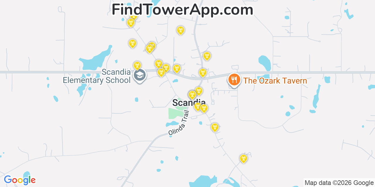 Map showing the 20 primary cell tower locations detected in Scandia, Minnesota from AT&T, Verizon, and T-Mobile networks