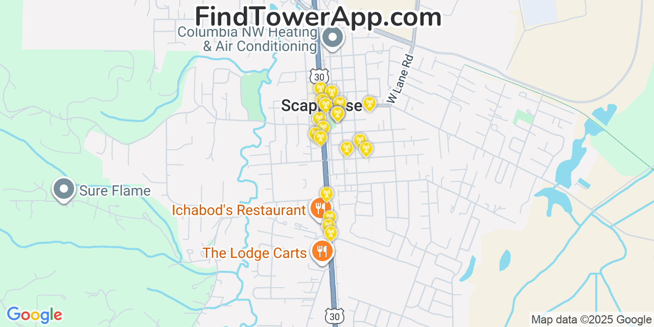 Map showing the 20 primary cell tower locations detected in Scappoose, Oregon from AT&T, Verizon, and T-Mobile networks