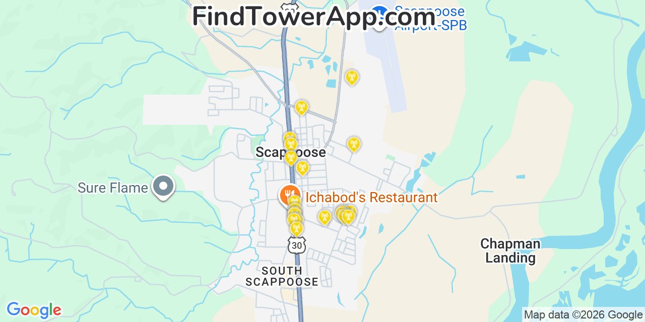 Map showing the 20 primary cell tower locations detected in Scappoose, Oregon from AT&T, Verizon, and T-Mobile networks