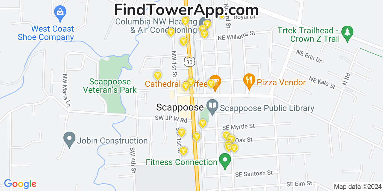 Verizon 4G/5G cell tower coverage map Scappoose, Oregon