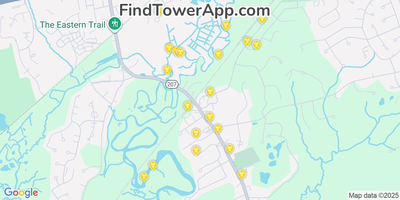 Map showing the 20 primary cell tower locations detected in Scarborough, Maine from AT&T, Verizon, and T-Mobile networks