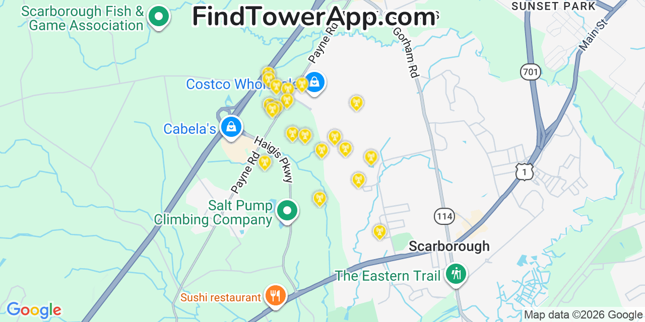 Map showing the 20 primary cell tower locations detected in Scarborough, Maine from AT&T, Verizon, and T-Mobile networks