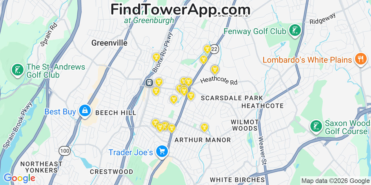 Map showing the 20 primary cell tower locations detected in Scarsdale, New York from AT&T, Verizon, and T-Mobile networks