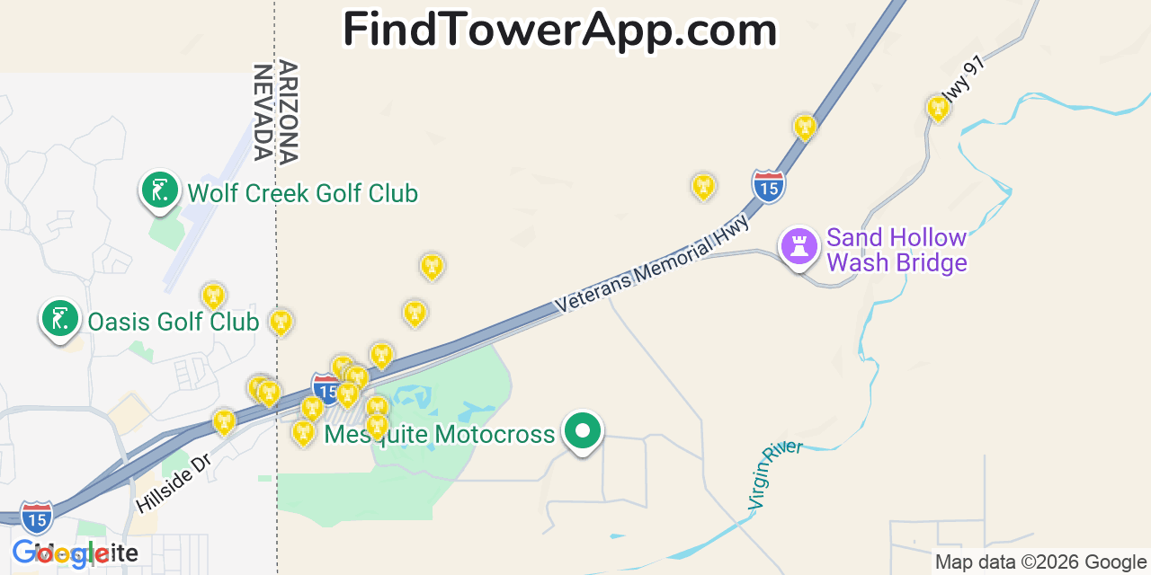 Map showing the 20 primary cell tower locations detected in Scenic, Arizona from AT&T, Verizon, and T-Mobile networks