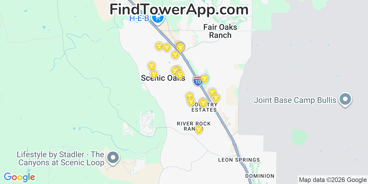 Map showing the 20 primary cell tower locations detected in Scenic Oaks, Texas from AT&T, Verizon, and T-Mobile networks