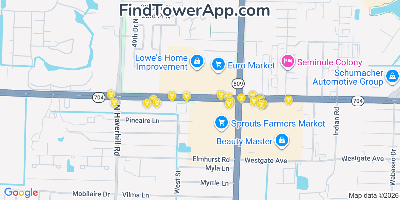 Map showing the 20 primary cell tower locations detected in Schall Circle, Florida from AT&T, Verizon, and T-Mobile networks