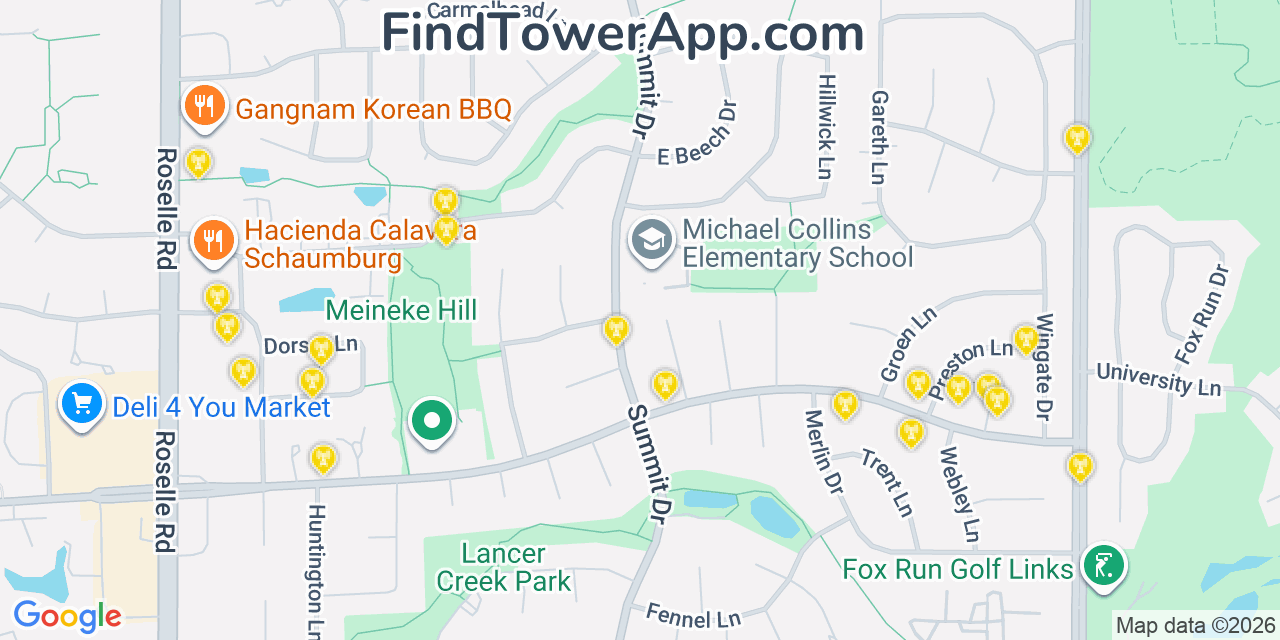 Map showing the 20 primary cell tower locations detected in Schaumburg, Illinois from AT&T, Verizon, and T-Mobile networks