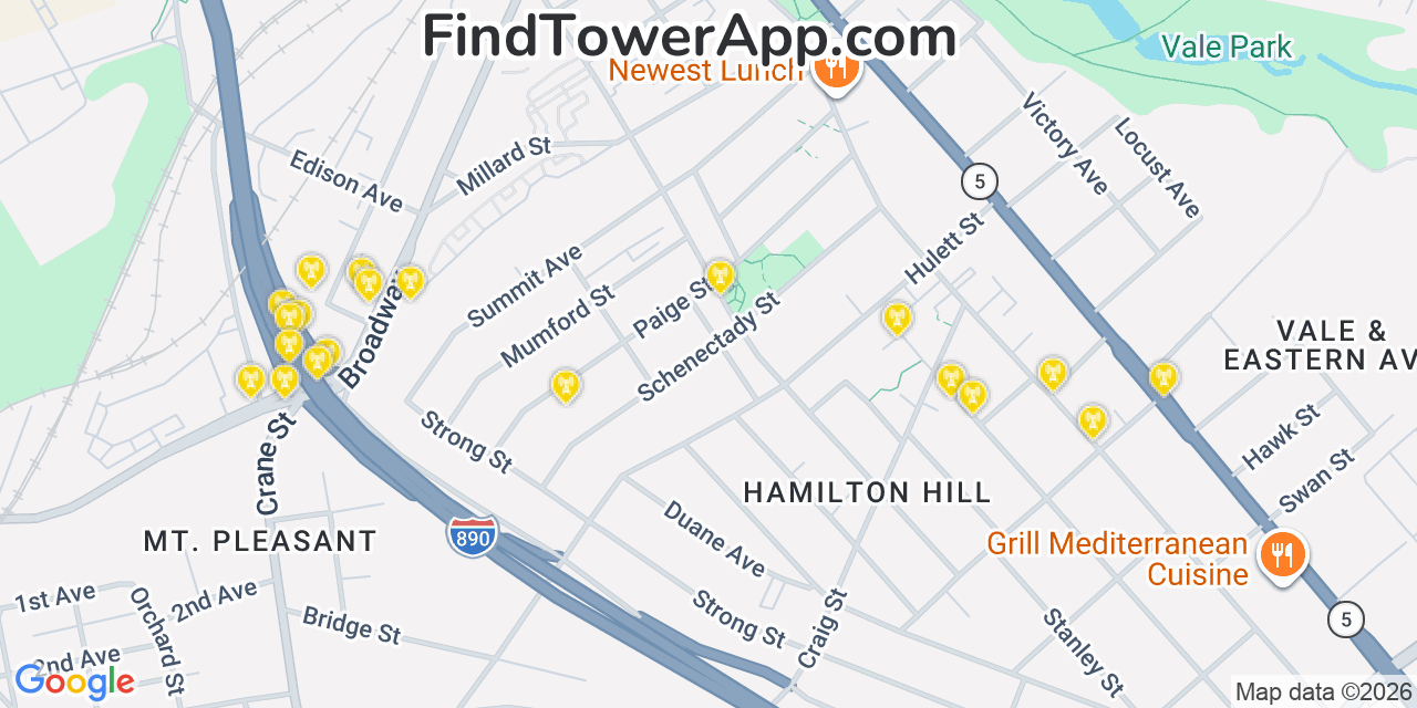 Map showing the 20 primary cell tower locations detected in Schenectady, New York from AT&T, Verizon, and T-Mobile networks