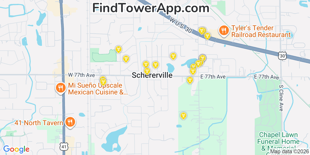 Map showing the 20 primary cell tower locations detected in Schererville, Indiana from AT&T, Verizon, and T-Mobile networks