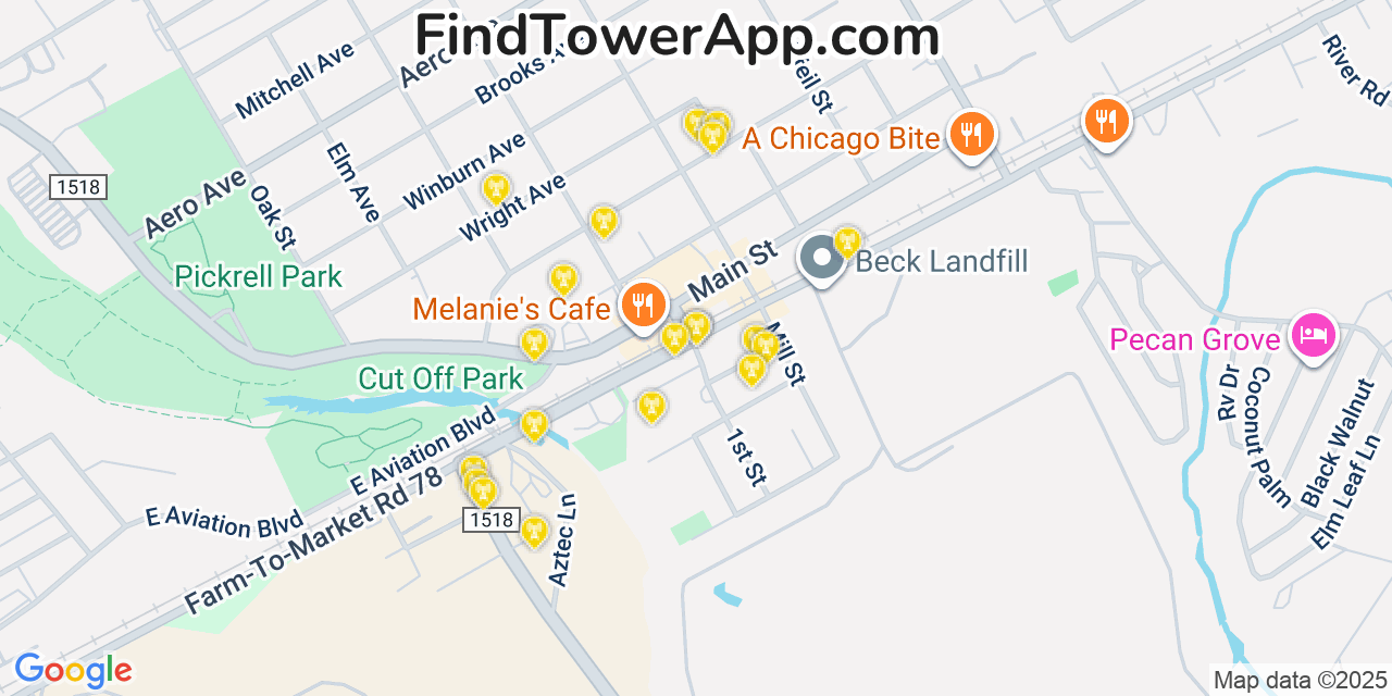 Map showing the 20 primary cell tower locations detected in Schertz, Texas from AT&T, Verizon, and T-Mobile networks