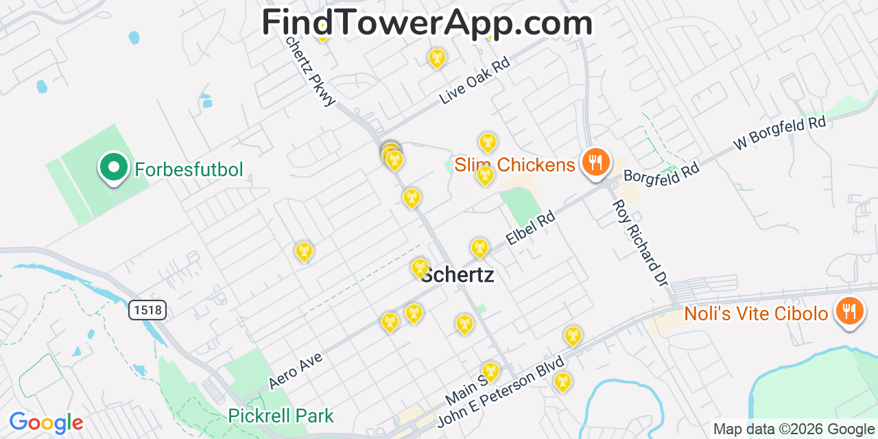 Map showing the 20 primary cell tower locations detected in Schertz, Texas from AT&T, Verizon, and T-Mobile networks