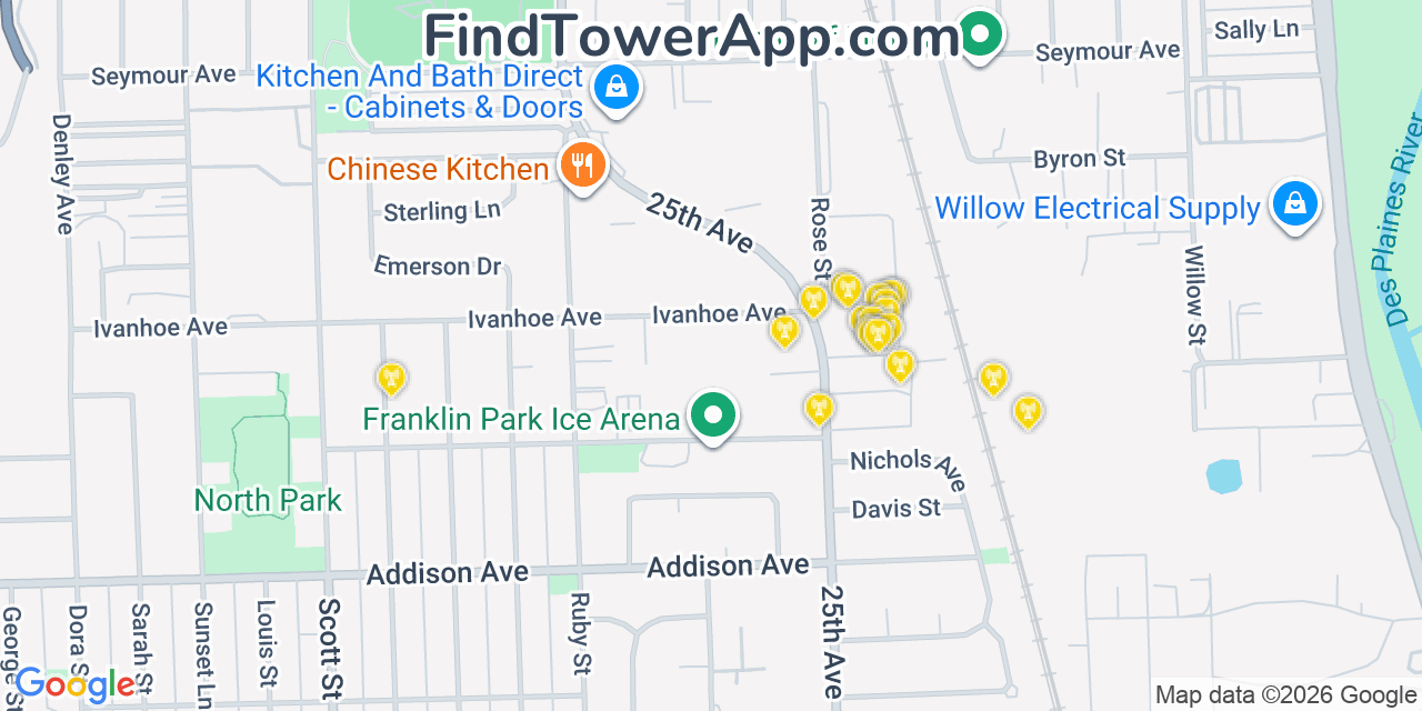 Map showing the 20 primary cell tower locations detected in Schiller Park, Illinois from AT&T, Verizon, and T-Mobile networks