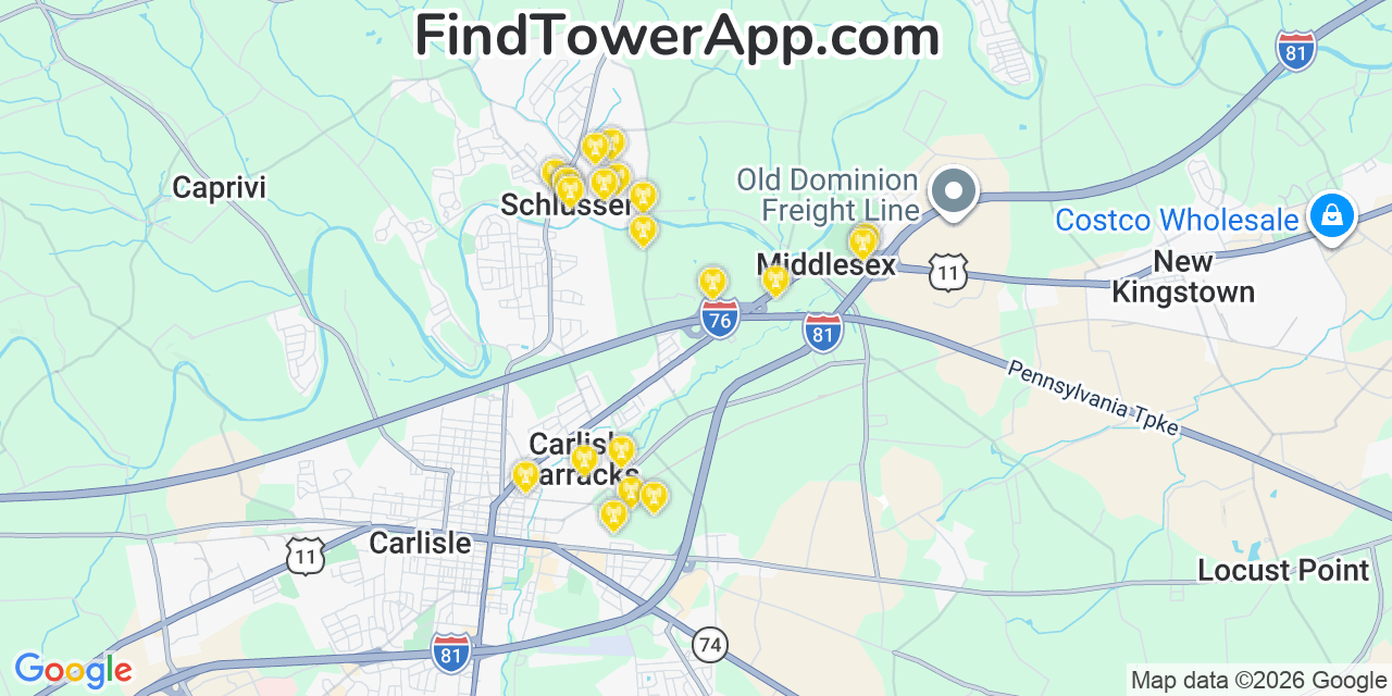 Map showing the 20 primary cell tower locations detected in Schlusser, Pennsylvania from AT&T, Verizon, and T-Mobile networks