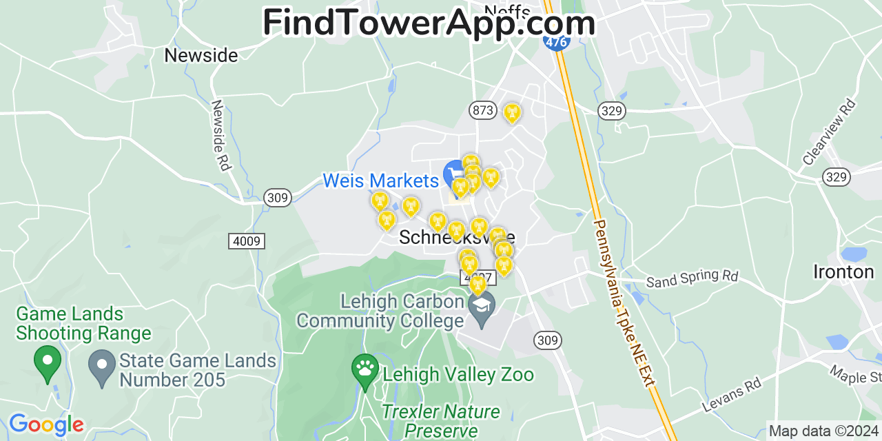 AT&T 4G/5G cell tower coverage map Schnecksville, Pennsylvania